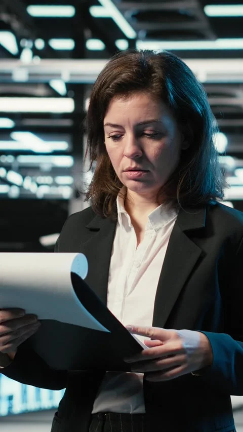 Vertical video Reading paperwork, blue wireframe mesh and admin in data center Stock Footage 329319271