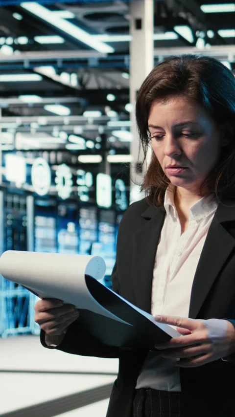 Vertical video Reading paperwork, blue wireframe mesh and admin in data center Stock Footage 329319741