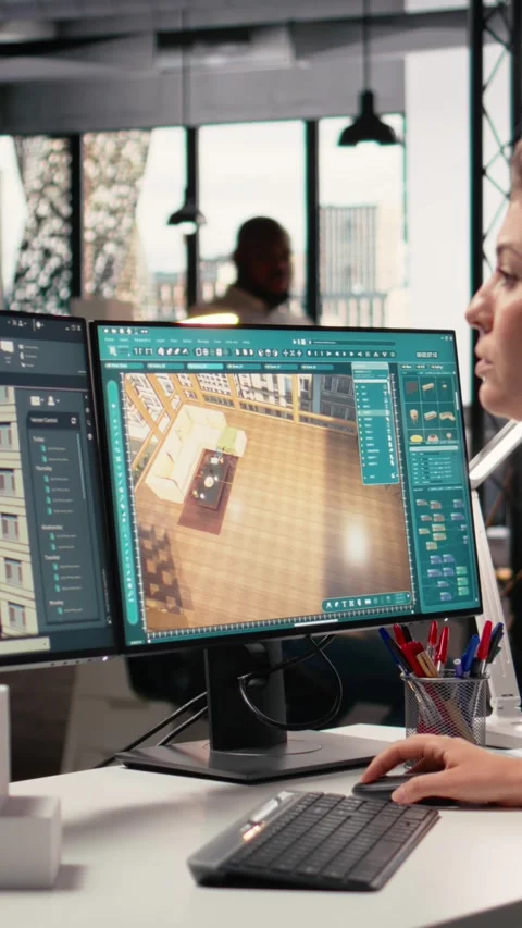 Vertical Video Real estate developer reviews architectural layouts on dual Stock Footage 316184529