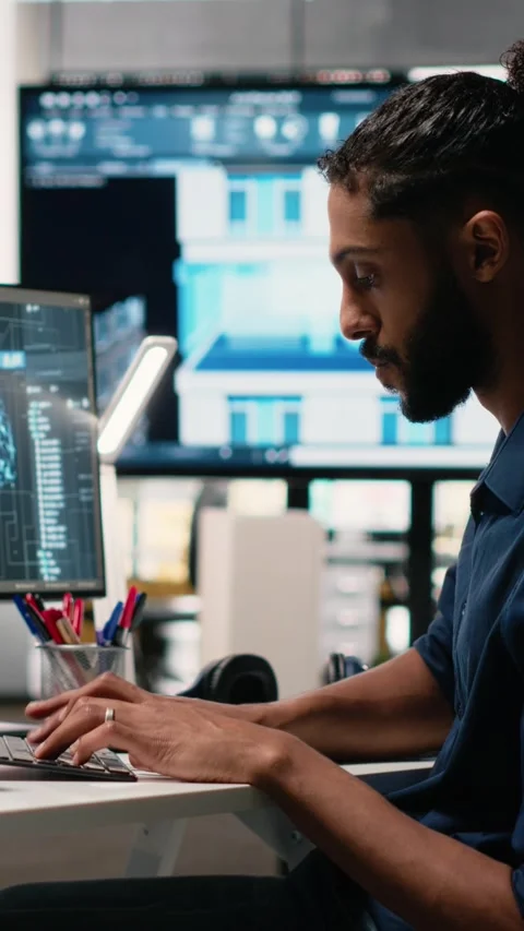 Vertical Video Real estate developer in a corporate office using machine Stock Footage 316339851