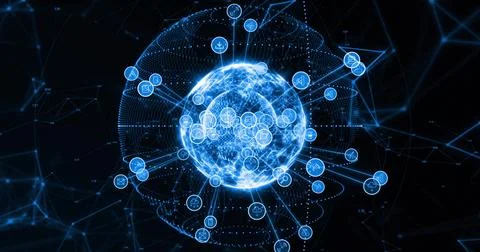 Vertical video: Receiving incoming packets, network sphere pulsing in void, Stock Illustration