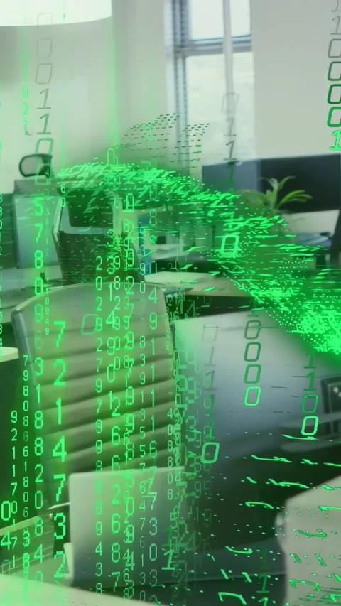 Vertical video: Recording starting, camera shifting, green code flowing over Stock Footage 335264169