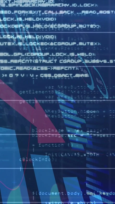 Vertical video: Red arrow sparking pan, blue bars falling, code scrolling, Stock Footage 330196056