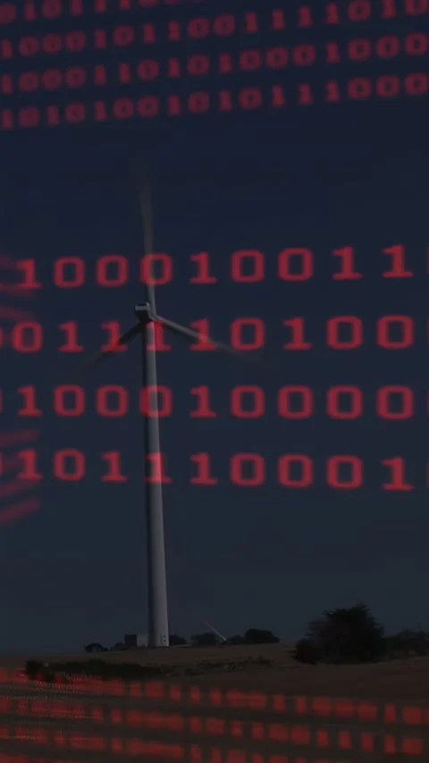 Vertical video: Red binary grid starting to scroll, turbine rotating slowly, Stock Footage 333289230