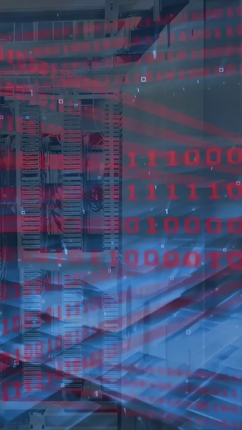 Vertical video: Red binary stream starting over rack, forming blue waves and UI Stock Footage 332595154