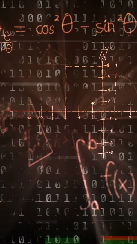 Vertical video: Red chalk equation appearing math and binary overlay animating Stock Footage 334792564