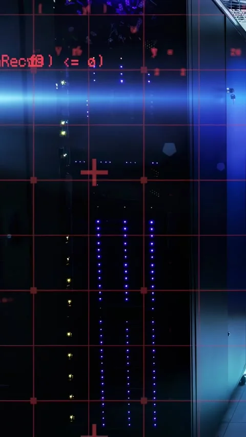 Vertical video: Red code HUD scrolling, clearing to reveal data center server Stock Footage 334604795