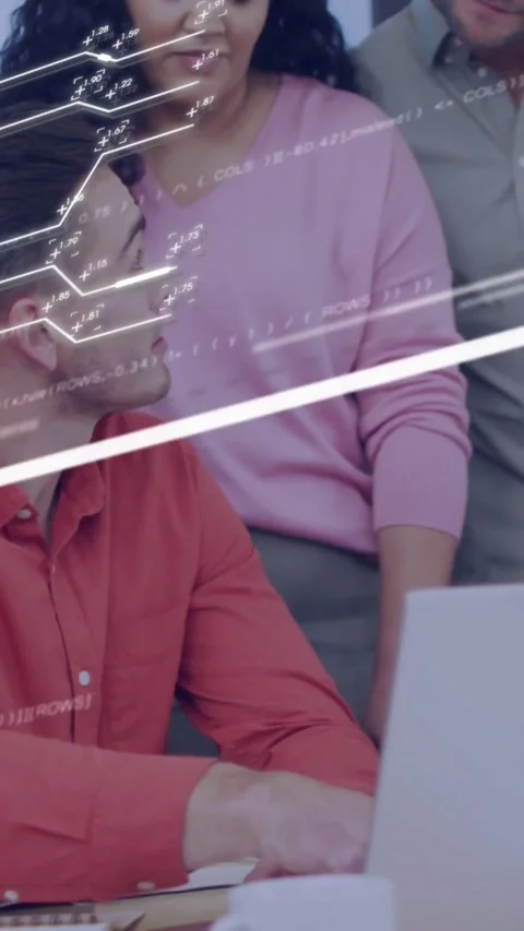 Vertical video: Red-shirted man typing on laptop after prompt, tech overlays Stock Footage 334547472