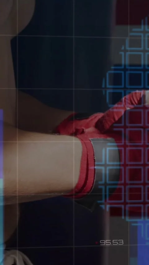 Vertical video: Redgloved man plugging green tube, calibrating tech as HUD graph Stock Footage 330430373