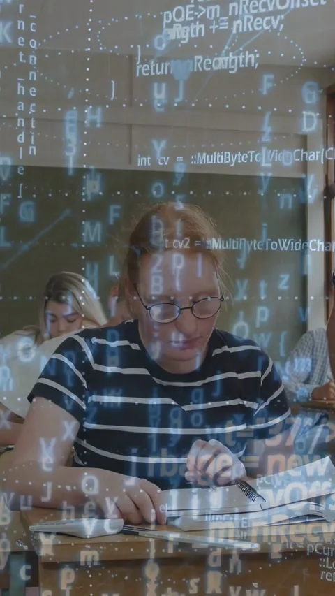 Vertical video: Redhead pupil noting book in class, looking up at peer asking, Stock Footage 337540609