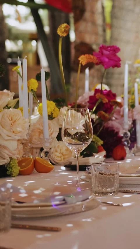Vertical video. Refined wedding table with candles and flowers, Stylish wedding Stock Footage 324678363