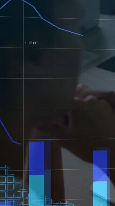 Vertical video: Reflected analyst lifting hand near chin, analyzing tech bars Stock Footage 340133267