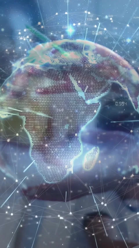 Vertical video: Reflected user holding phone showing hologram globe rotating Stock Footage 331333923