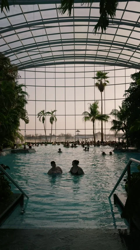 Vertical video Relaxing in a thermal pool by palm trees at a wellness center Stock Footage 305066501