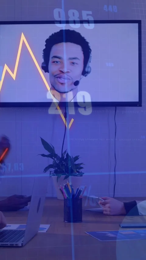 Vertical video: Remote host presenting on monitor business charts moving over Stock Footage 340133569