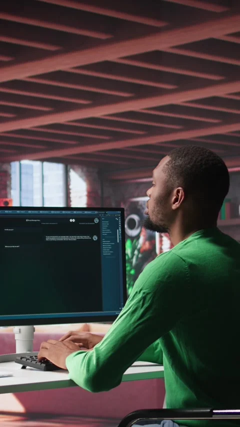 Vertical Video Remote worker uses conversational AI bot to help solve daily Vidéo 307644693