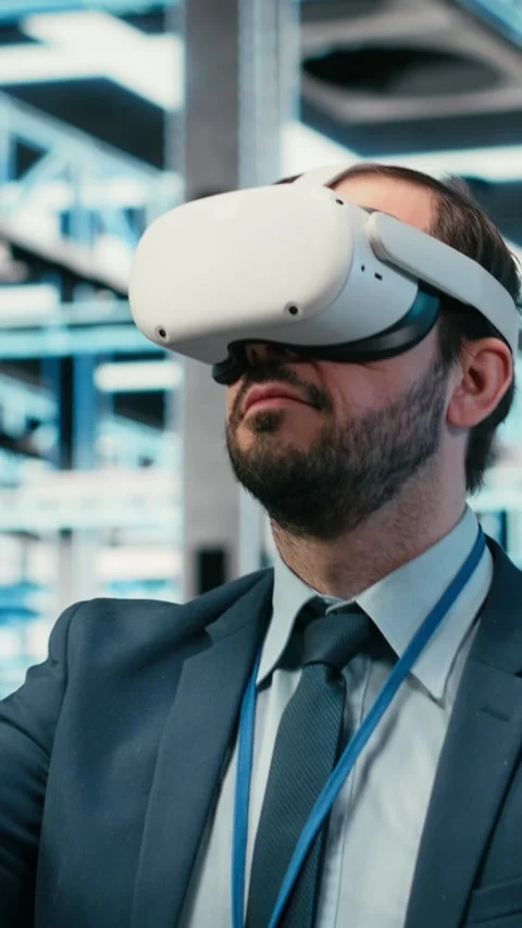 Vertical video Removing VR goggles, finishing task and software developer in Stock Footage 329943700