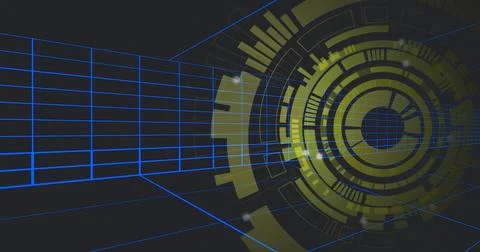 Vertical video: Render starting lime HUD assembling, rotating with blue grid for Stock Photos