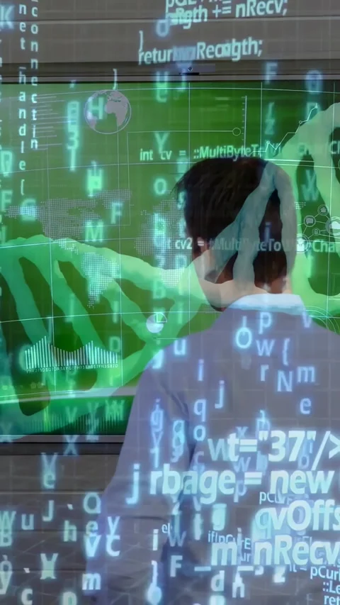 Vertical video: Researcher placing hand on screen, tracing DNA helix with pen Stock Footage 334546897