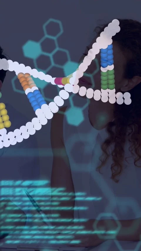 Vertical video: Researcher taking notes while pen moving causing DNA helix Stock Footage 333006352
