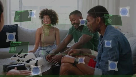 Vertical video: Responding to host cue, three on couch at home testing white VR Stock Footage 332978561
