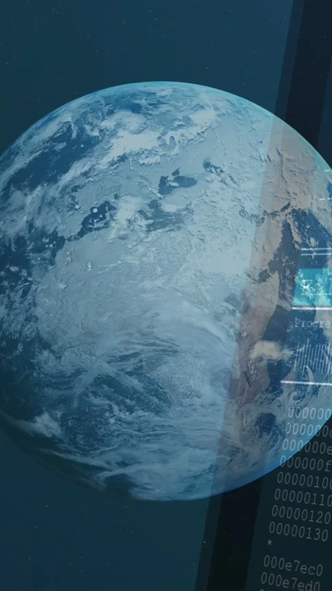 Vertical video: Right bezel emerging, launching HUD over Earth, showing Stock Footage 340133390