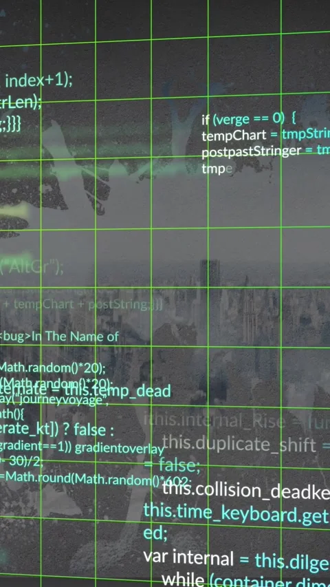 Vertical video: Right data pulse starting green grid, cyan code animating, neon Stock Footage 329613195