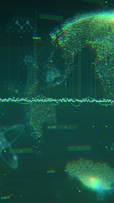 Vertical video: Right-edge particles emerging, forming globe and showing HUD Stock Footage 329613104