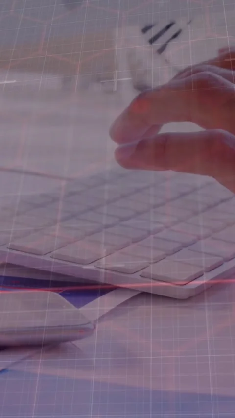 Vertical video: Right hand approaching white keyboard hands hovering then typing Stock Footage 331029841