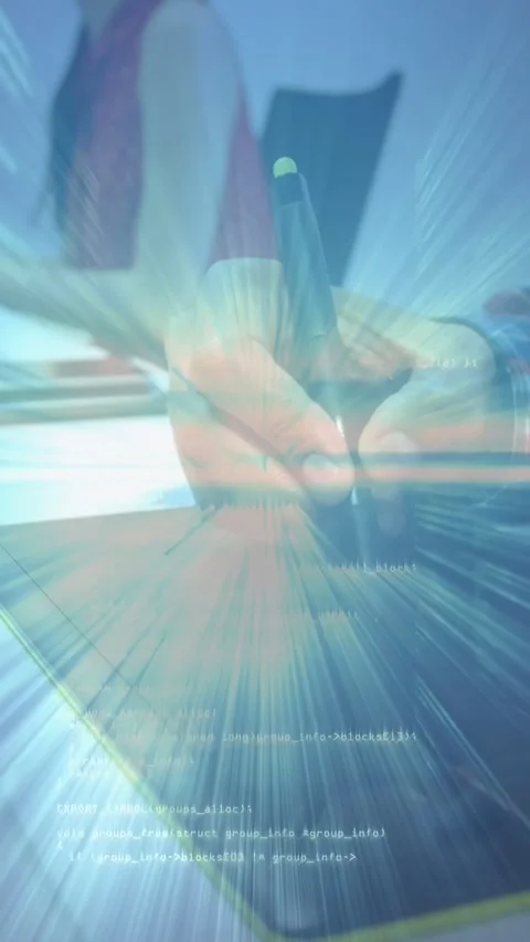 Vertical video: Right hand holding stylus tapping tablet, causing code overlay Stock Footage 334859693