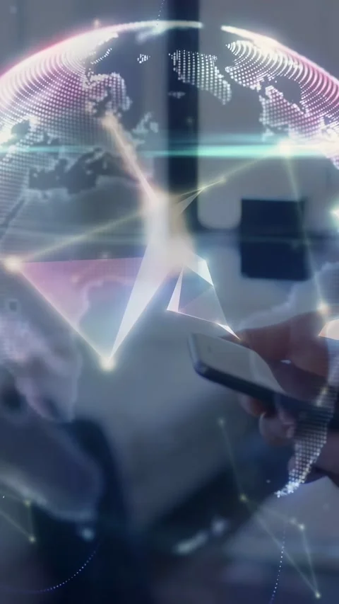 Vertical video: Right hand tapping phone in room, causing network nodes forming Stock Footage 333020463