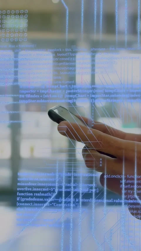 Vertical video: Right hand tapping phone in lobby, forming neon circuitry, Stock Footage 335802853