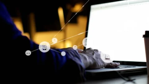 Vertical video: Right hand typing on laptop, expanding phone chat music node 스톡 동영상 334178415