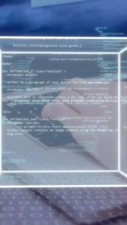 Vertical video: Right hand typing starting holo-cube growing rotating while code 库存影片 335264146