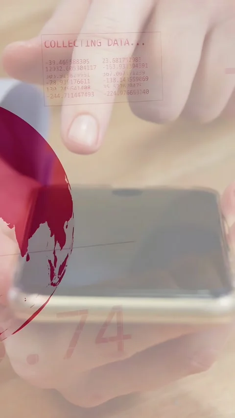Vertical video: Right index finger tapping phone, starting red HUDs showing data Stock Footage 335355846