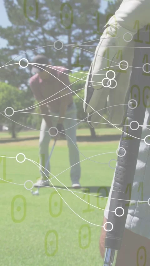 Vertical video: Right man holding club watching partner putting golf overlay Stock Footage 333181894