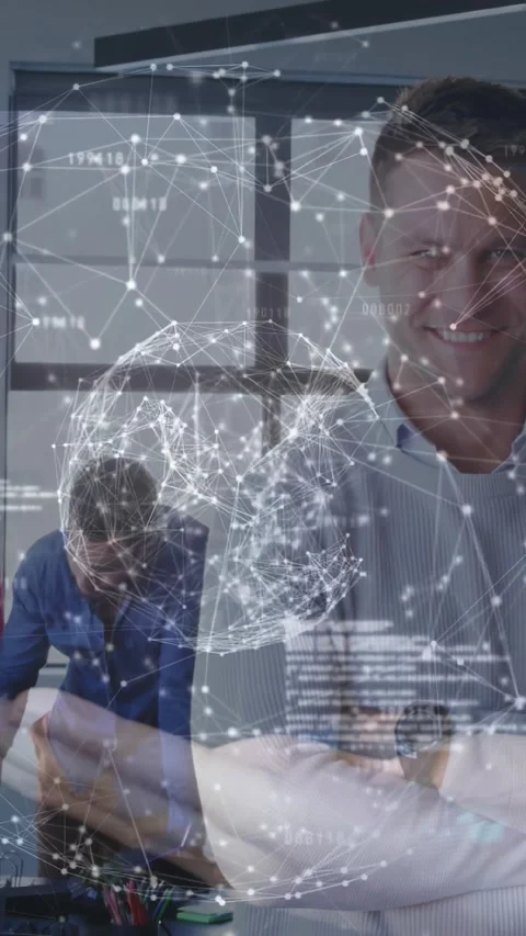 Vertical video: Right man posing app booting tech code globe over desk peer Stock Footage 334317443