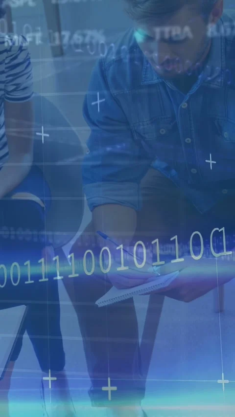 Vertical video: Right man writing on pad in meeting, data overlay rising, Stock Footage 333194979