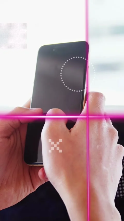 Vertical video: Right thumb tapping, hands holding phone, magenta graphics Stock Footage 335507549