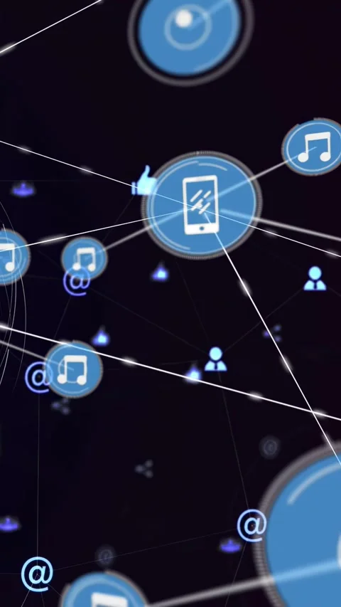 Vertical video: Ring appearing on blue mobile hub expanding, badges pulsing, Stock Footage 332594881