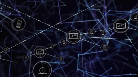 Vertical video: Ring lighting node, network expanding in navy backdrop, linking Video stock 330602710