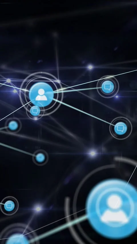 Vertical video: Ring pulse starting central node sending lines, adding bubbles, Video stock 332546957