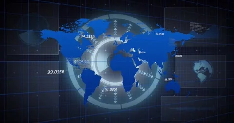 Vertical video: Ring pulsing blue map updating numeric markers and code Stock Footage 331176208