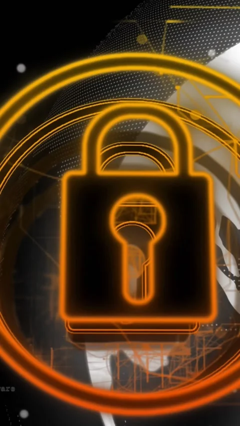Vertical video: Rings expanding, forming neon padlock icon, glowing, indicating Stock Footage 332335577