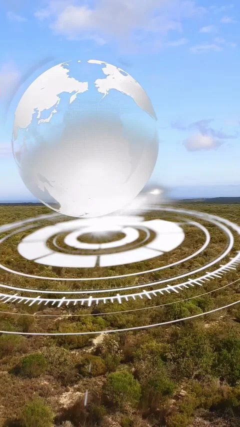Vertical video: Rings pulsing on shrubs starting hologram, globe rising rotating Stock Footage 340133210