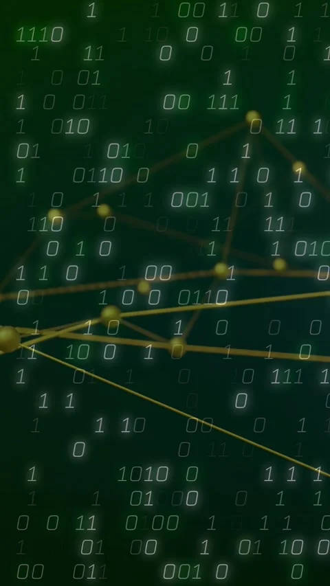 Vertical video: Rising binary stream making golden mesh slide and turn to reveal Stock Footage 328331894