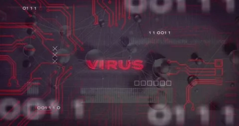 Vertical video: Rising red traces sparking pulsing VIRUS title and orbs Stock Footage 331198017