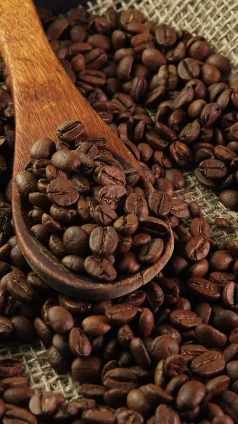 Vertical video roasted coffee beans in spoon top view. Wooden spoon with coffee Stock Footage 308327408