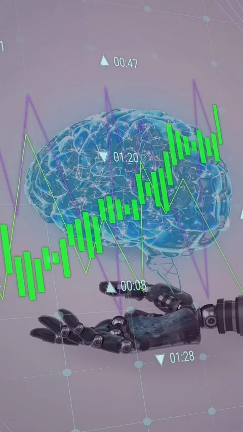 Vertical video: Robot hand entering forming blue brain wires lighting with graph Stock Footage 335802776