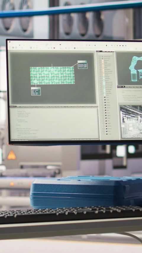 Vertical video Robotics software on screen in smart factory used to inspect Stock Footage 307068226